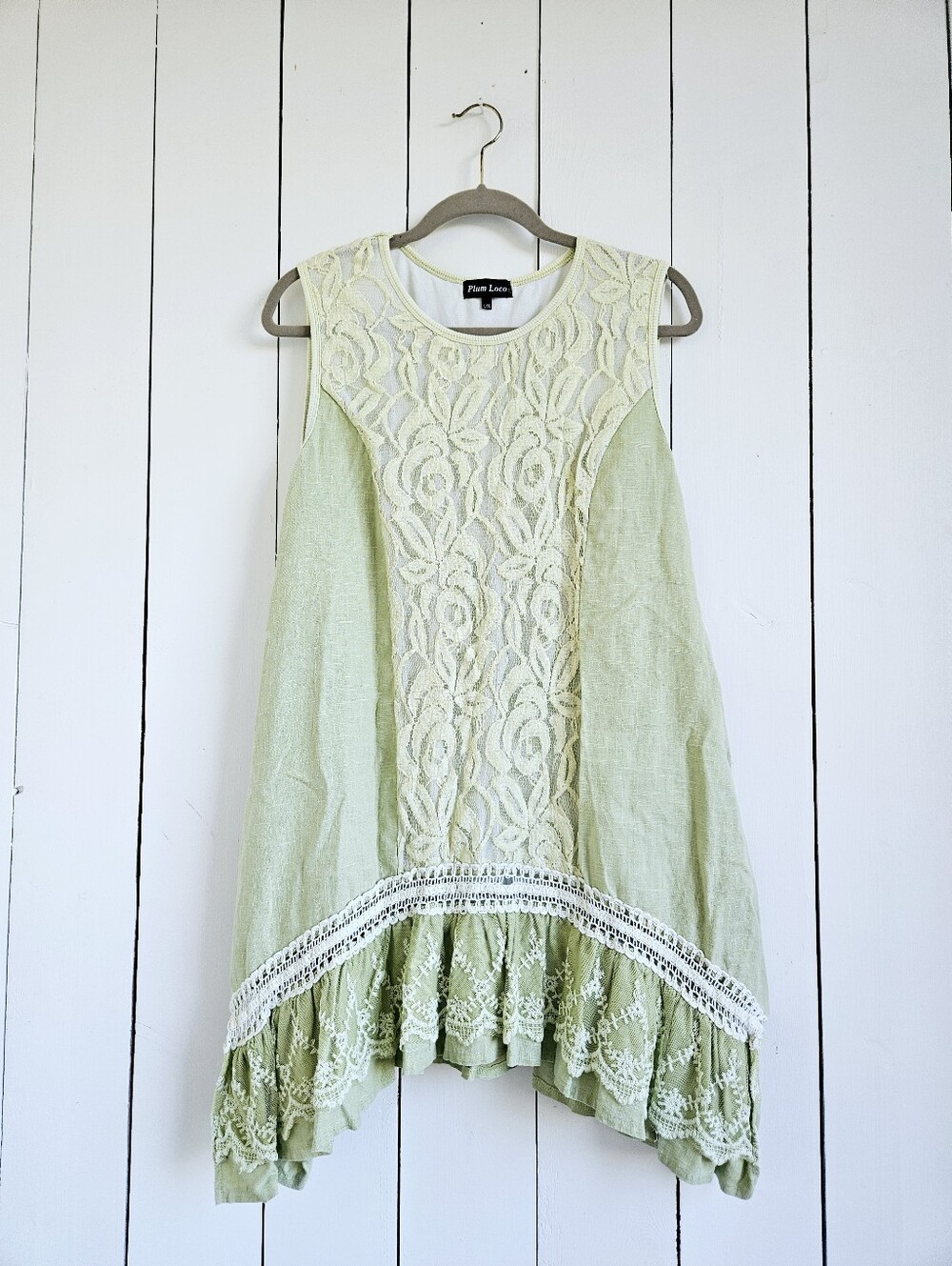 Plum Loco Boho Mini Dress Size L/XL Green 100% Flax Flowy Fairycore